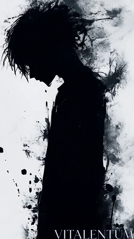 Ink born shadow bows quietly inside a storm of splatters