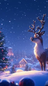 3D stylized reindeer in illuminated winter village scene.