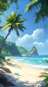 Tropical Coastal Landscape: Digital Painted Paradise Beach.