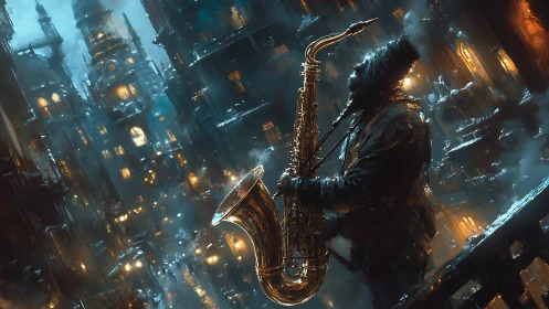 Hooded saxophonist plays under glowing lights in snowy city