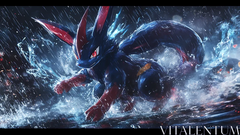 Storm-charged creature lunging through luminous rainstorm.