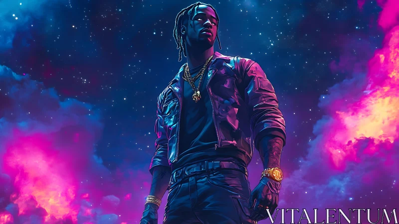 Neon-lit cosmic portrait in stylized urban digital painting.