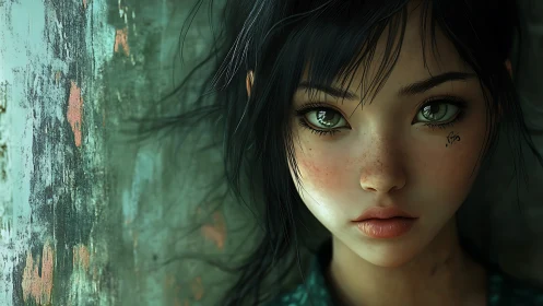 Freckled green eyed girl beside weathered teal wall portrait.