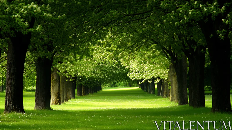 Sunlit tree-lined avenue in lush green park, tranquil natural scene.