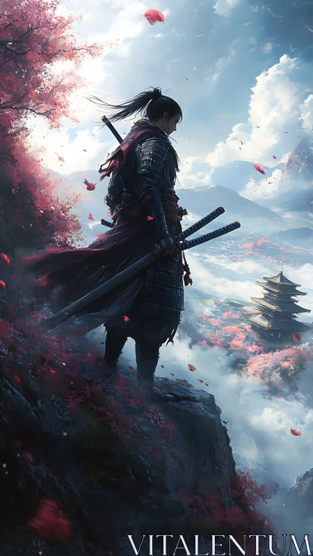 Lone samurai surveys misty valley above distant mountain temple