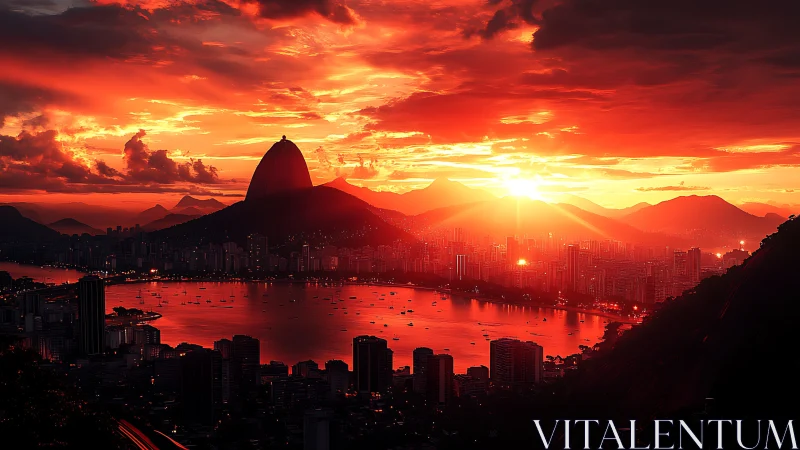 Rio de Janeiro urban bay skyline under intense red sunset.
