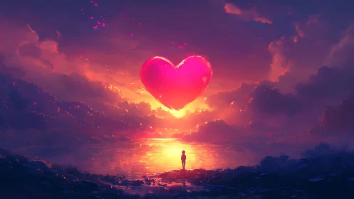 Heart-Shaped Sun Rises Over Luminous Landscape at Dusk