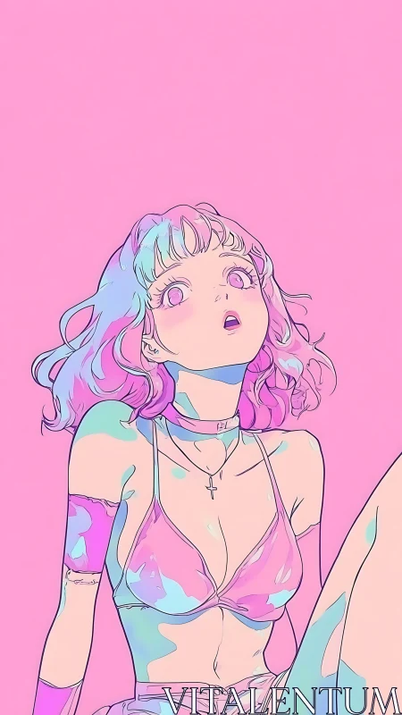 Chromatic pastel anime portrait under saturated pink field.