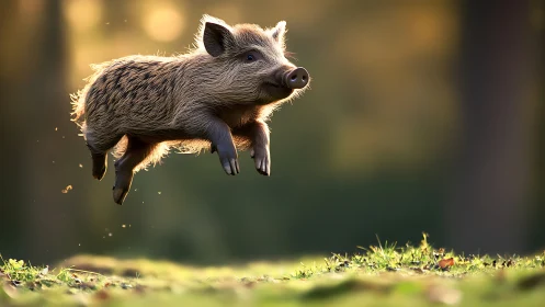 Young wild boar leaping through sunlit forest meadow.