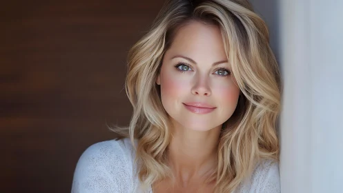 Portrait of a smiling blonde woman in soft natural lighting.