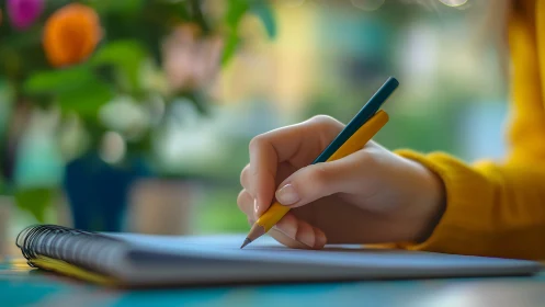 Macro-depth study of hand posture writing on spiral notebook.