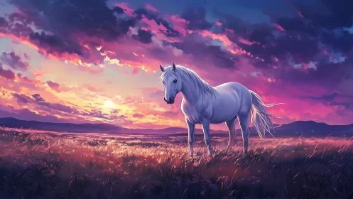 Twilight meadow stallion under cotton candy wildfire skies.