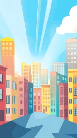 Colorful stylized city street with tall sunlit buildings.