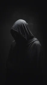 Low key portrait of hooded cloaked figure in deep chiaroscuro