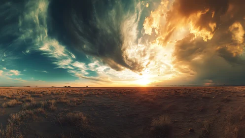 Golden desert sunset under swirling painted clouds.