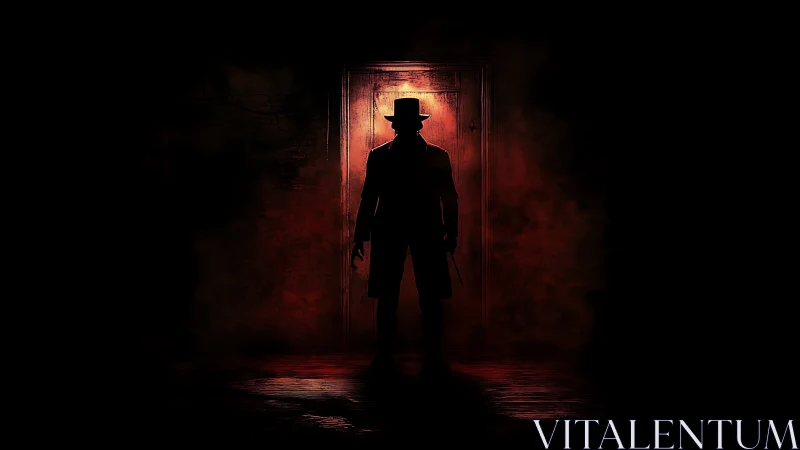 Shadowed figure waits in a red doorway of swirling mystery