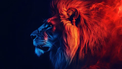 Digital side-profile of lion head in dual neon lighting.