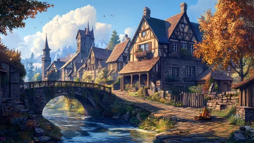 Sunlit medieval riverside village with stone bridge and tower