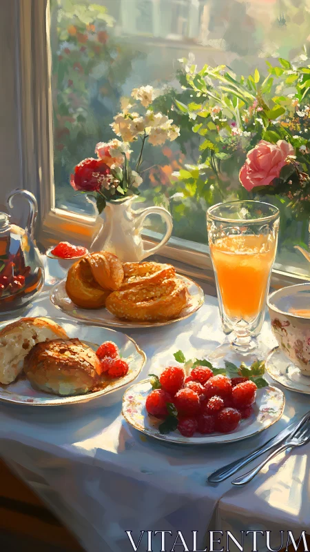 Sunlit breakfast still life with pastries, berries and flowers