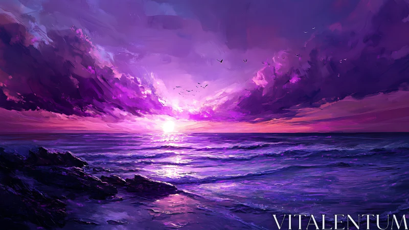 Digital seascape with violet sunset and distant shoreline.