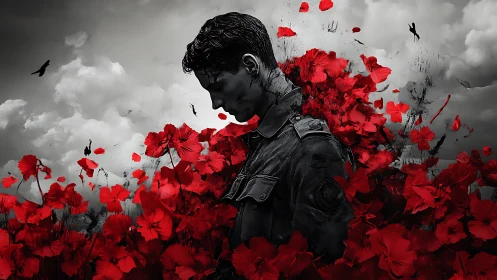 Soldier in red poppy storm reflects on war and memory.