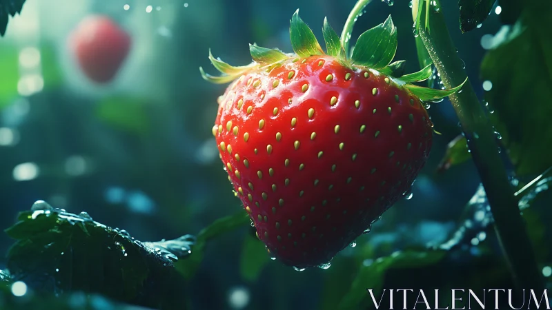 Macro rendering showcases wet strawberry with cinematic depth of field