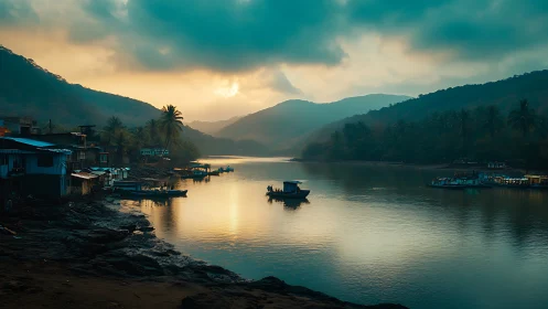Golden hour river estuary captures layered tropical hills