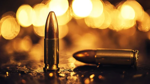 9mm bullets stand against blurred bokeh lights on metal