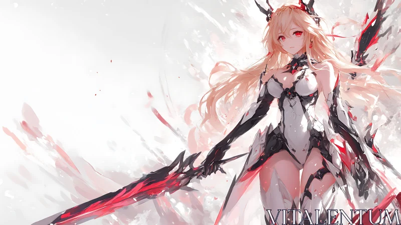 Crimson-bladed anime warrior in shattered white armor stance.