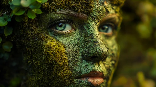 Forest spirit portrait with moss and cracked bark skin.