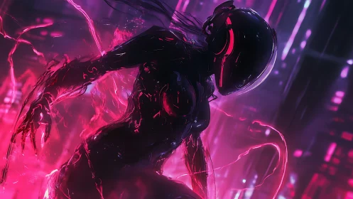 Neon cyber runner emerging in glowing magenta streams.