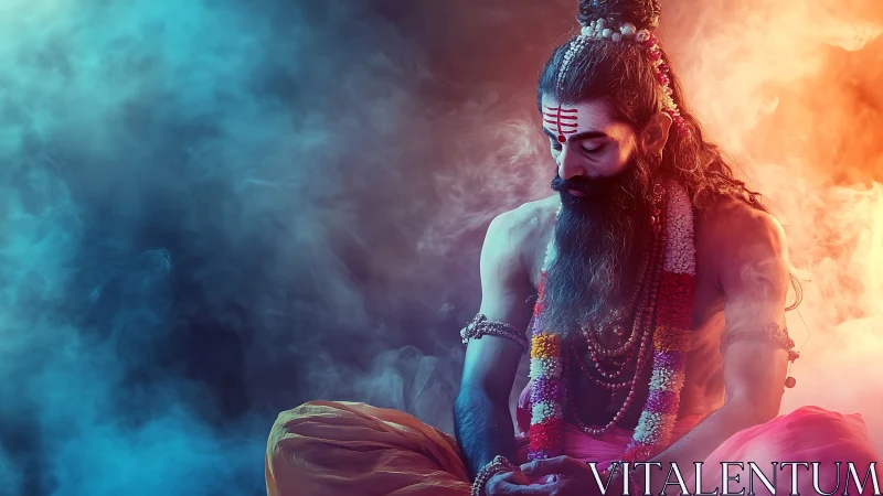 Mystic yogi adrift in blazing blue and ember prayer smoke.