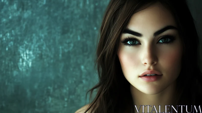 Close portrait of young woman before textured teal wall.