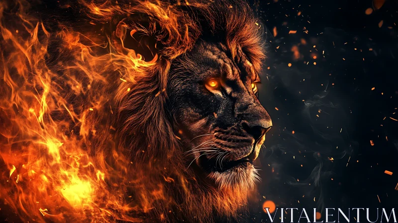 Lion of embers emerging through swirling inferno flames.