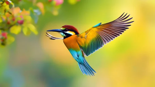 Vibrant European Bee-Eater in Flight Against Soft Nature Background.