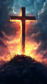 Illuminated cross emerging from fiery ground under clouds.
