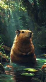 Sunlit capybara contemplates quietly in a mossy jungle pool