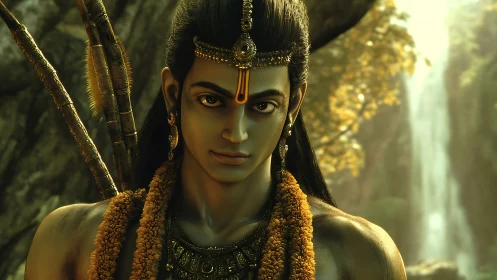 Digital 3D render of mythic archer figure in forest setting