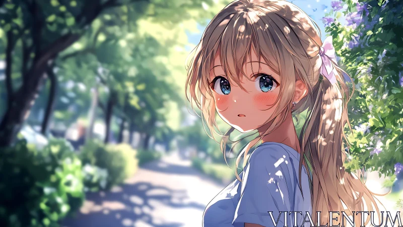 Sun-dappled sidewalk reverie with soft-eyed anime girl.