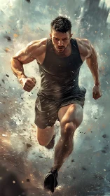 Explosive sprint forward with dynamic debris and motion blur.