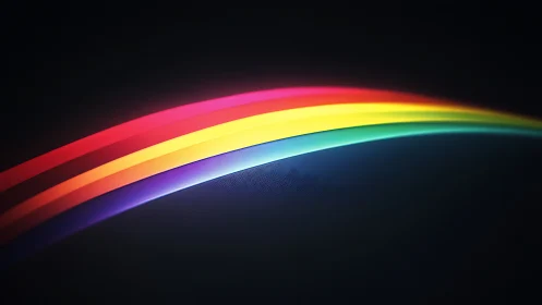Curved neon rainbow bands glow over deep black field.