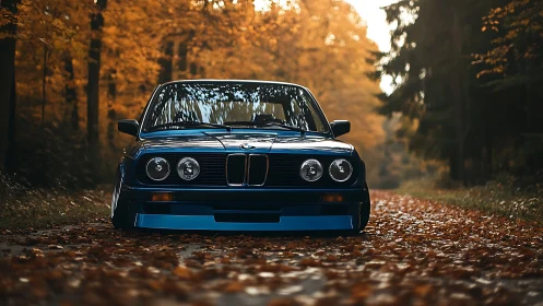 Low-slung classic BMW sedan aligned on leaf-covered forest lane