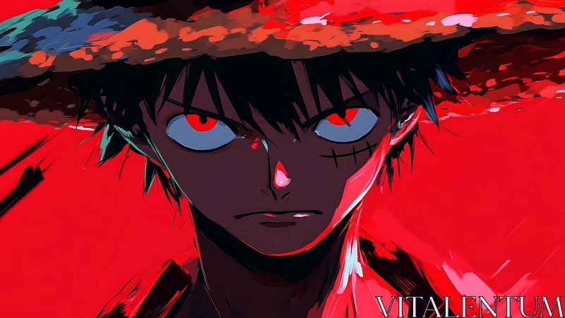 Anime boy with straw hat stares forward in intense red scene