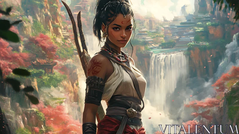 Warrior of the misty valley, standing guard over waterfalls.