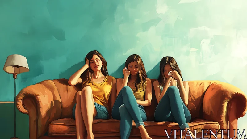 Three Women Sitting on Couch in Emotional, Artistic Style.