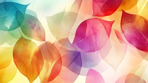 Gentle rainbow leaves drift softly across a glowing sky