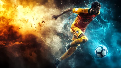 Soccer forward drives ball through fire and water energy