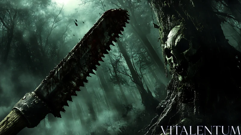Chainsaw blade confronts skull fused with tree in dark forest