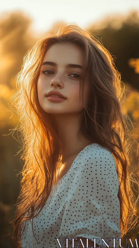 Young woman in backlit outdoor portrait at golden hour.