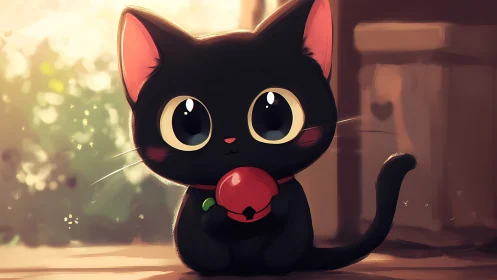 Black cartoon kitten holding red bell in soft sunset light.